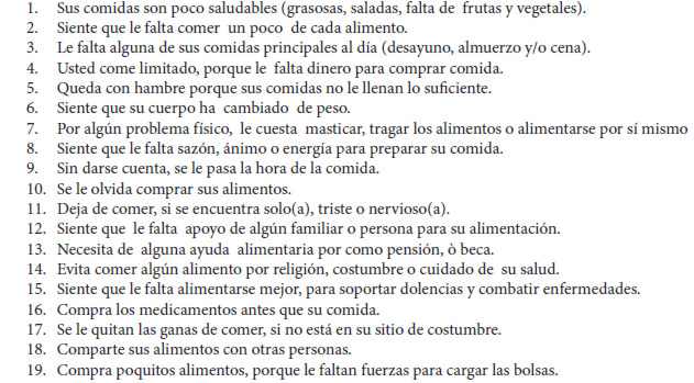 Cuadro 2. Escala de Vulnerabilidad Alimentario-Nutricional para el adulto mayor.