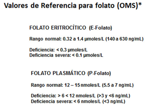 Figura 2: Los diferentes compartimentos metabólicos del folato y los valores de referencia sugeridos por la OMS para definir normalidad, deficiencia moderada y deficiencia severa (*modificado de las referencias 5 y 6).